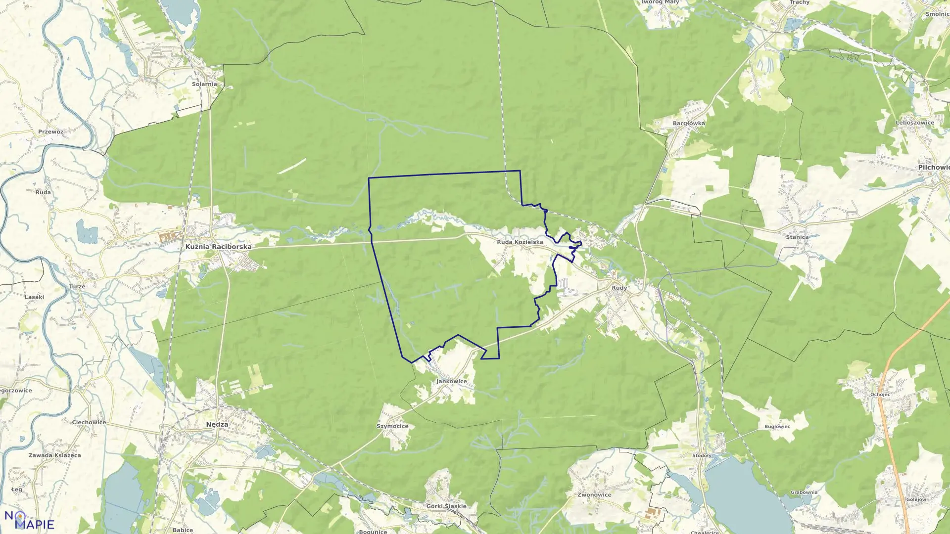 Mapa obrębu RUDA KOZIELSKA w gminie Kuźnia Raciborska